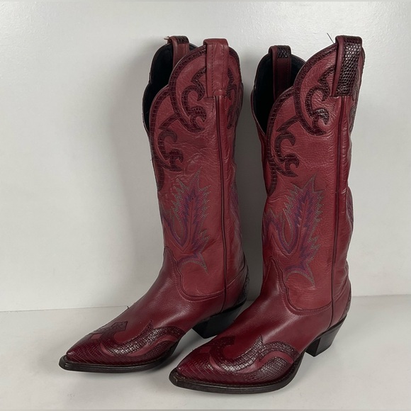 Tony Lama Shoes - Tony Lama Lizard Wingtip Cowgirl Boots | Overlays | Cranberry | Women’s 6.5 M